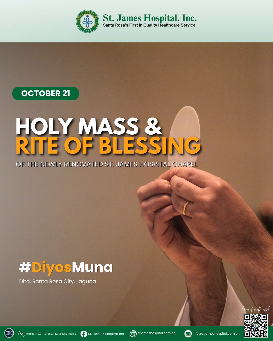 Event poster: Holy Mass and Rite of Blessing for our newly renovated St. James Hospital, Inc. Chapel