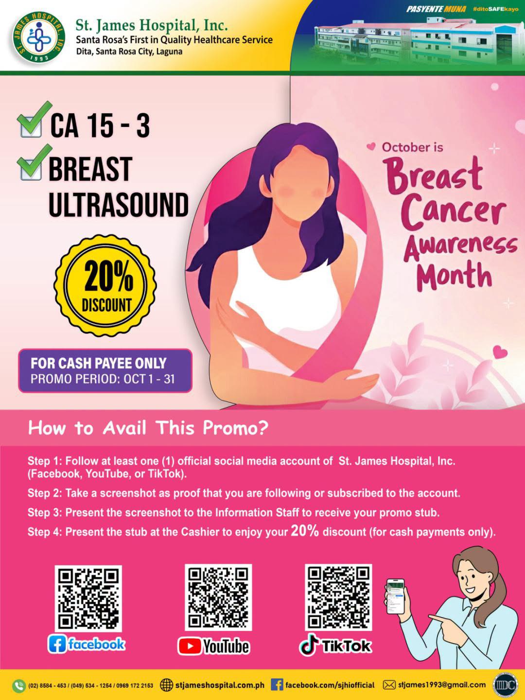 To mark this important month, we’re offering a 20% DISCOUNT on: ✅ CA 15-3 (Tumor Marker) ✅ Breast Ultrasound Exclusive for cash payees